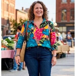 Chicos 100% Linen Floral Button Down Shirt Size 3 Women's XL 3/4 Sleeve Top Boho